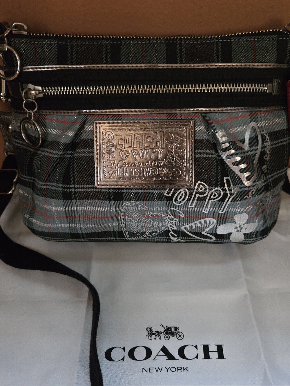 Coach Poppy Plaid Crossbody Bag in Blue/ Gray and Red
